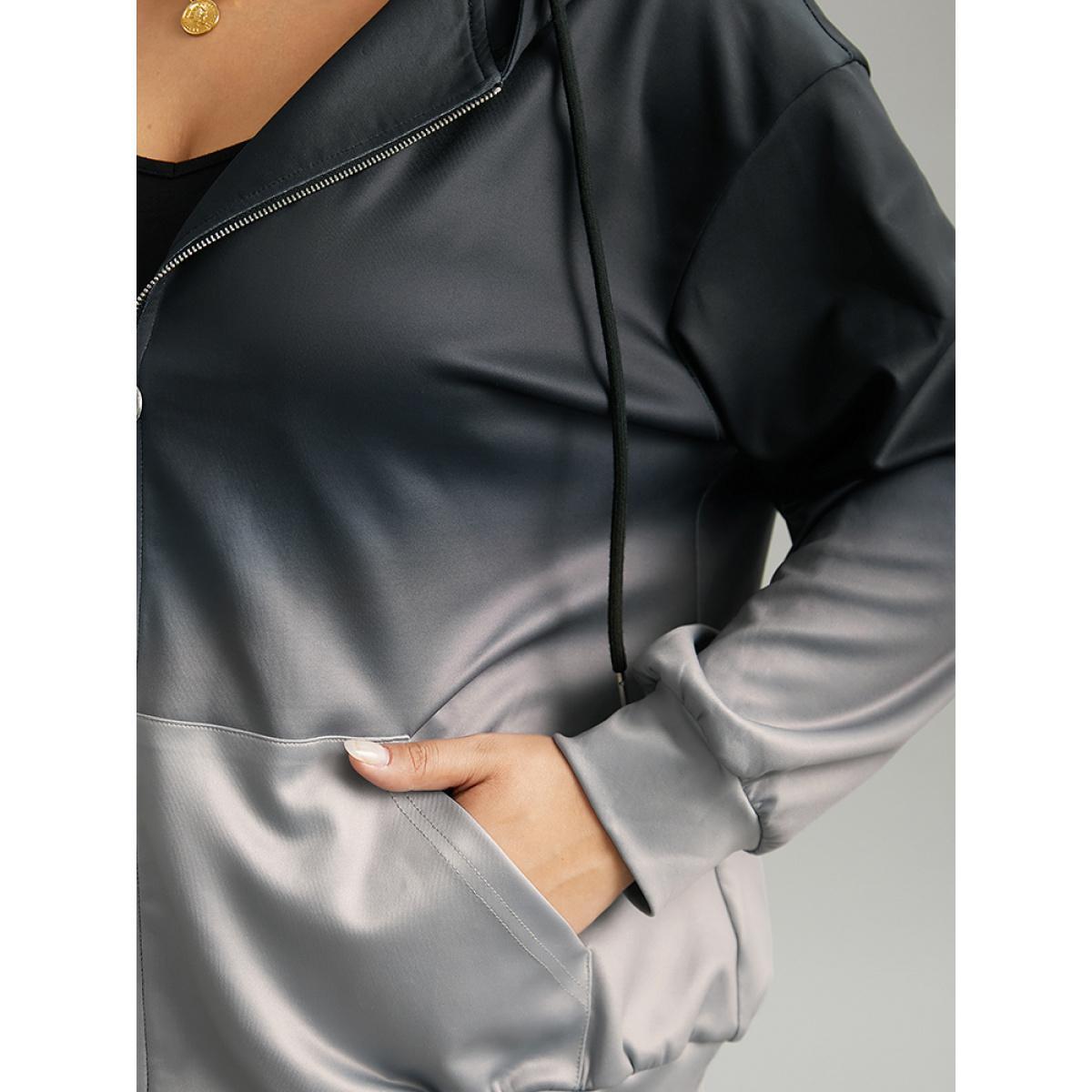 Plus Size Ombre Contrast Zipper Pocket Drawstring Jacket Women Gray Contrast Pocket Dailywear Jackets BloomChic 10/M Product Image