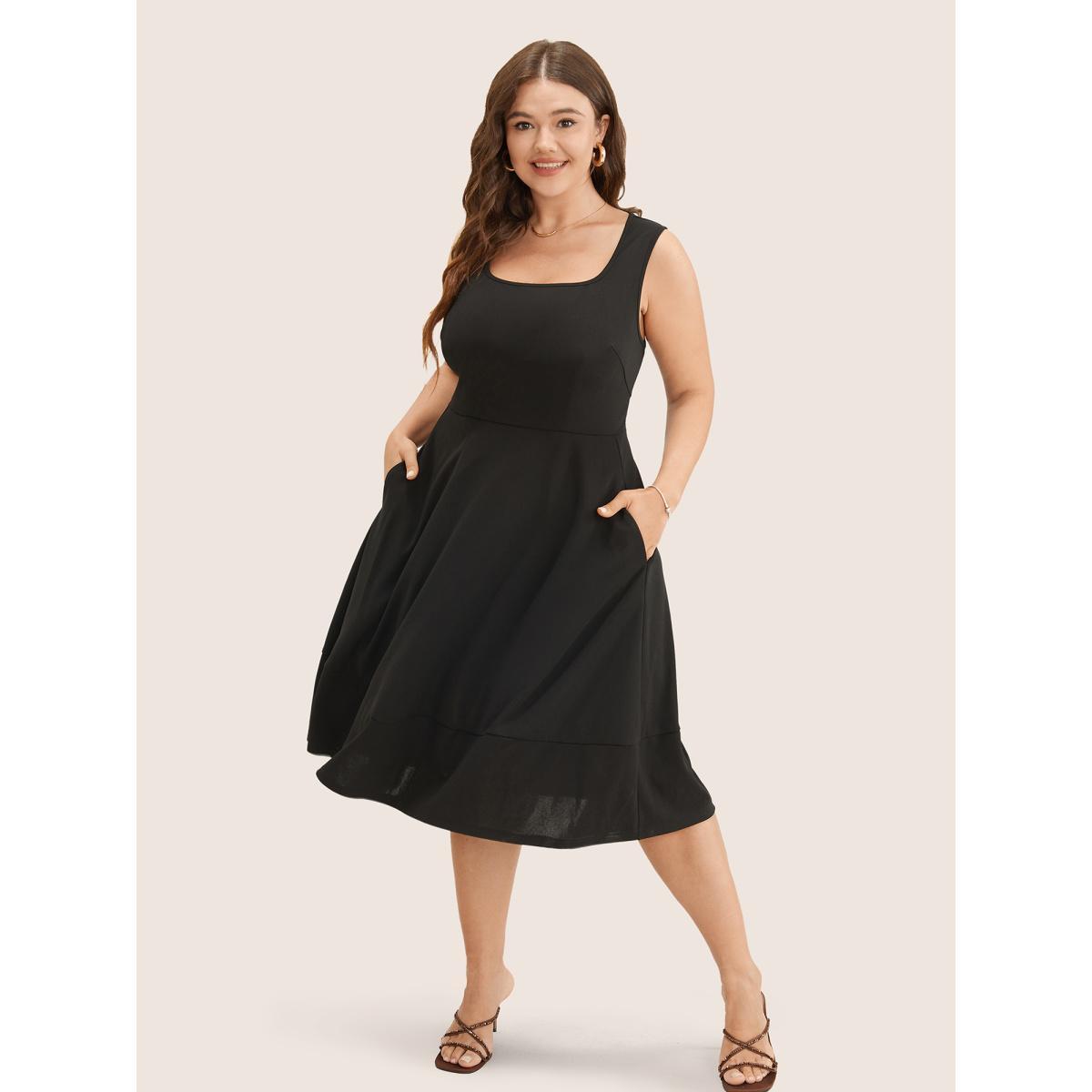 Plus Size Solid Pocket Sleeveless Ruffle Hem Tank Dress Black Women Workwear Essentials Non Round Neck Sleeveless Curvy Midi Dress BloomChic 14-16/1X Product Image