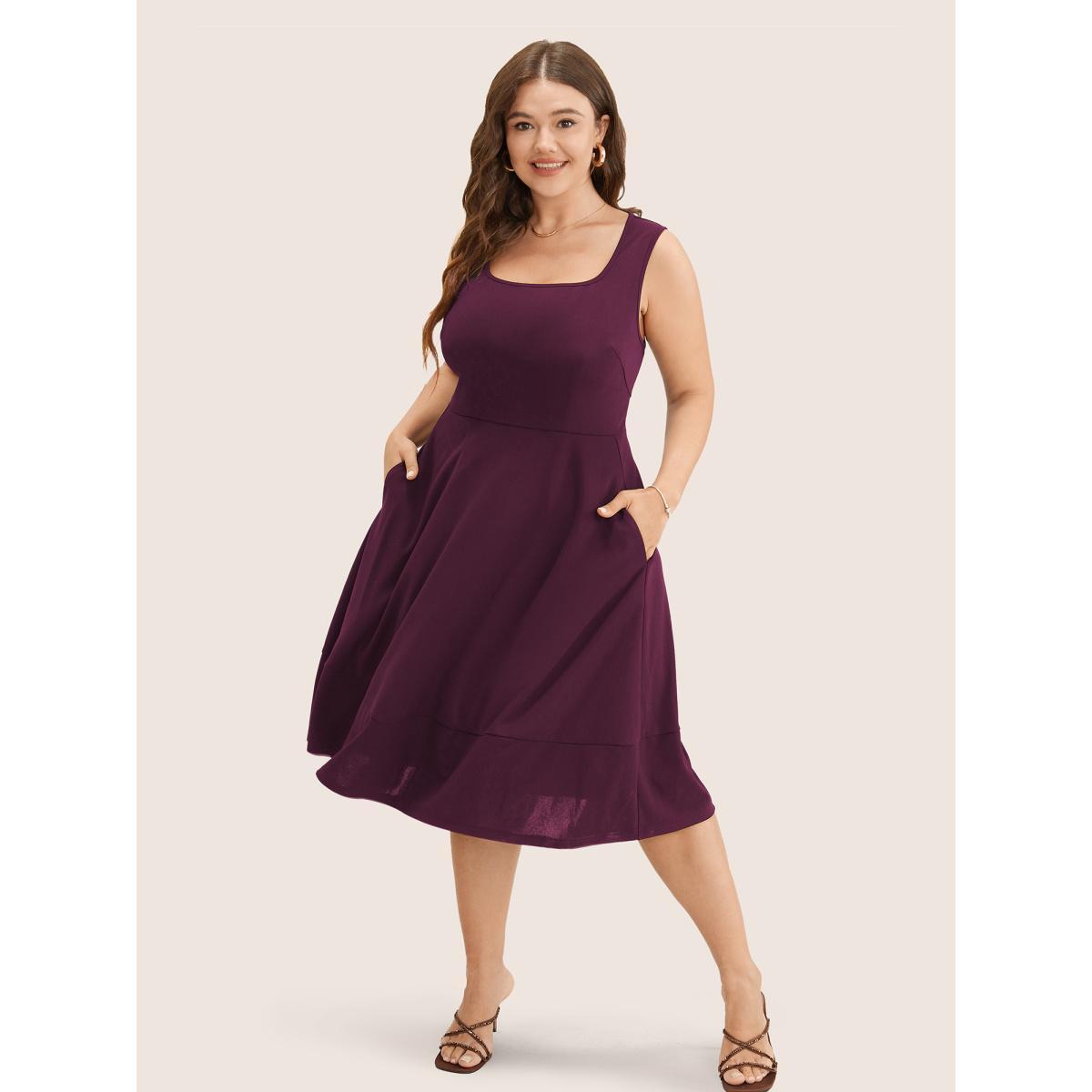 Plus Size Solid Pocket Sleeveless Ruffle Hem Tank Dress Eggplant Women Workwear Essentials Non Round Neck Sleeveless Curvy Midi Dress BloomChic 18-20/2X Product Image