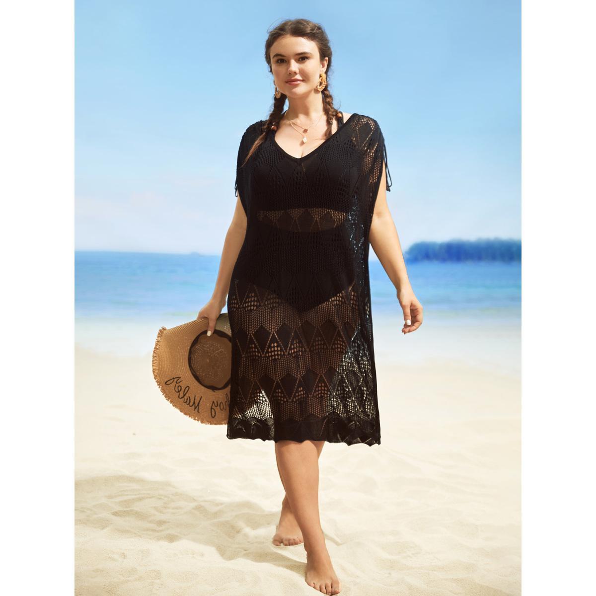 Plus Size Solid Drawstring Cut Out Split Hem Swim Cover Up Women's Swimwear Black Beach Loose Texture Curve Swim Cover Ups BloomChic 18-20/2X Product Image