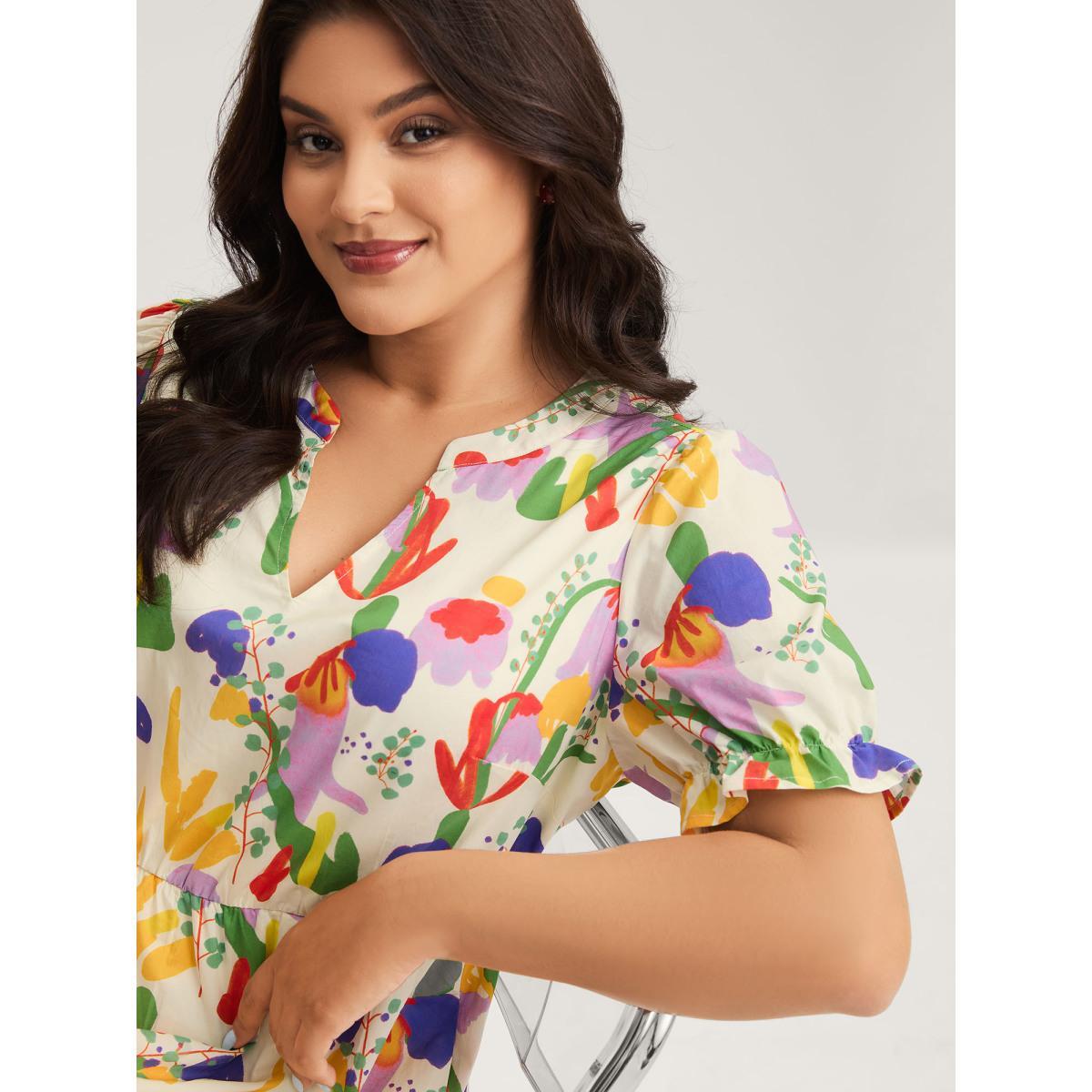 Plus Size Pure Cotton Floral Dream Midi Dress Ivory Women Notched collar Short sleeve Curvy BloomChic 30/6X Product Image