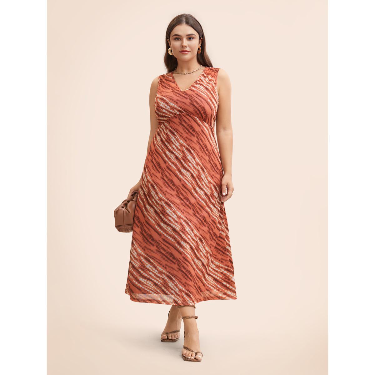 Plus Size V Neck Striped Contrast Tank Dress Yellowishbrown Women Elegant V-neck Sleeveless Curvy BloomChic 10/M Product Image