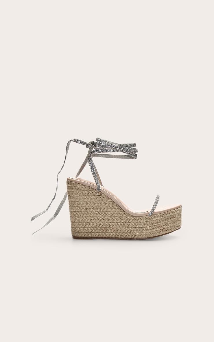 Silver Pu Round Toe Diamante Strappy Heeled Wedges Product Image