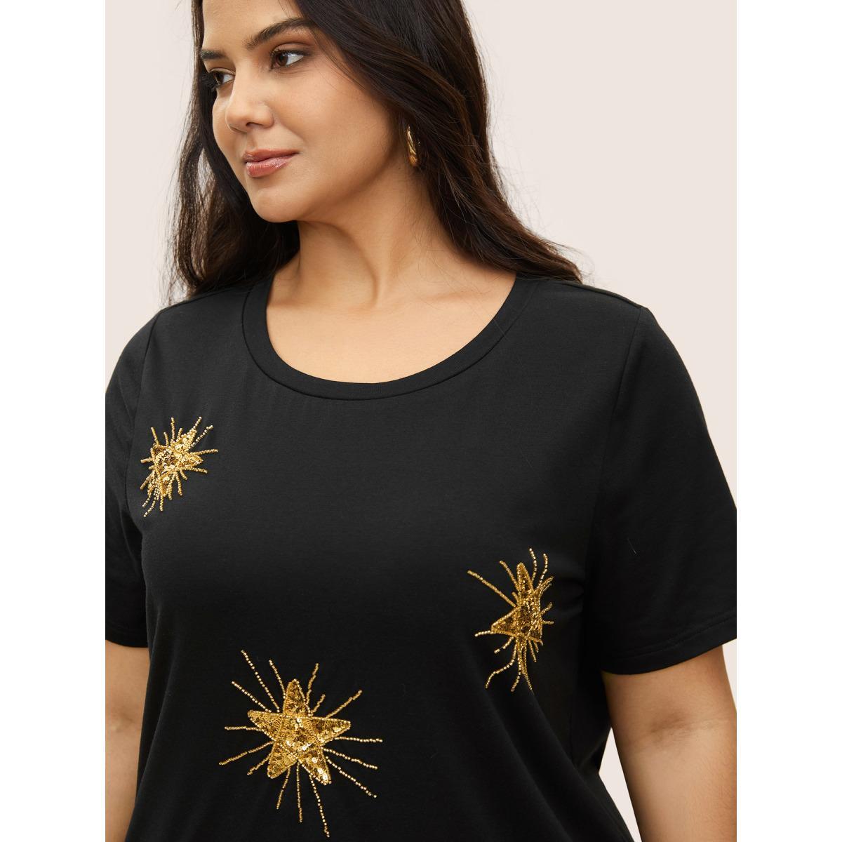Plus Size Contrast Star Sequin Round Neck T-shirt Black Women Casual Contrast Star and moon Round Neck Everyday T-shirts BloomChic 12/L Product Image