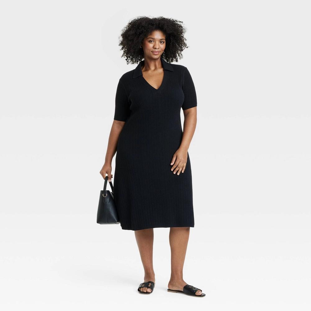 Women's Short Sleeve Ribbed Midi Sweater Dress - Ava & Viv™ Black 1X: Polo Collar, Midweight, Plus Size Product Image