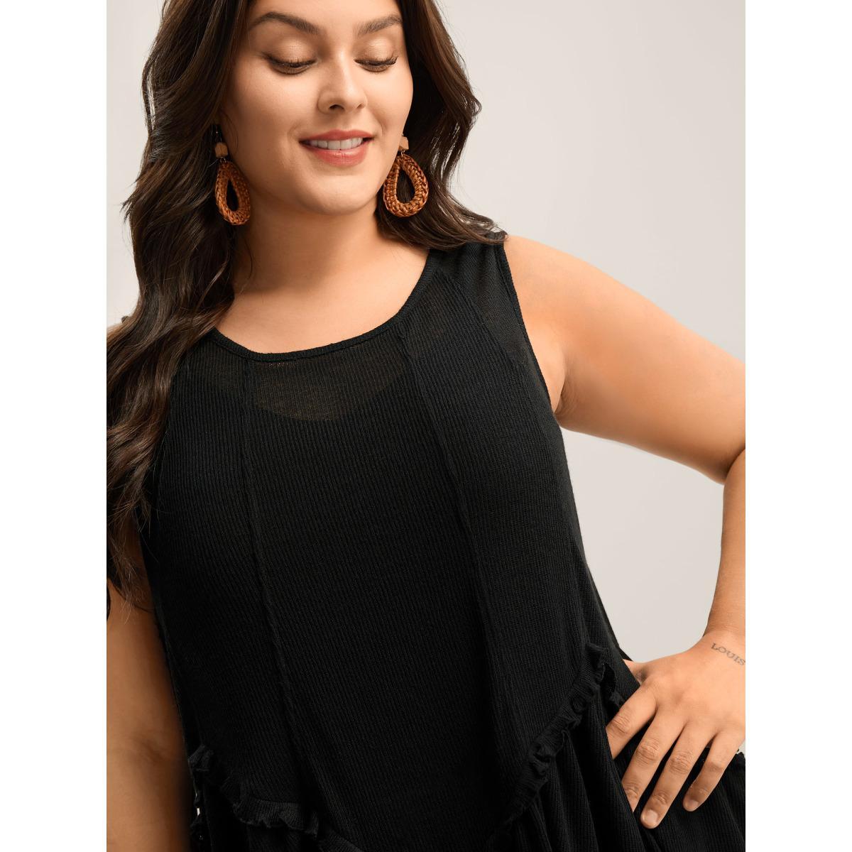 Plus Size Heather Stretchy Sheer High Low Hem Top Women Black Texture Round Neck Vacation Tank Tops Camis BloomChic 22-24/3X Product Image