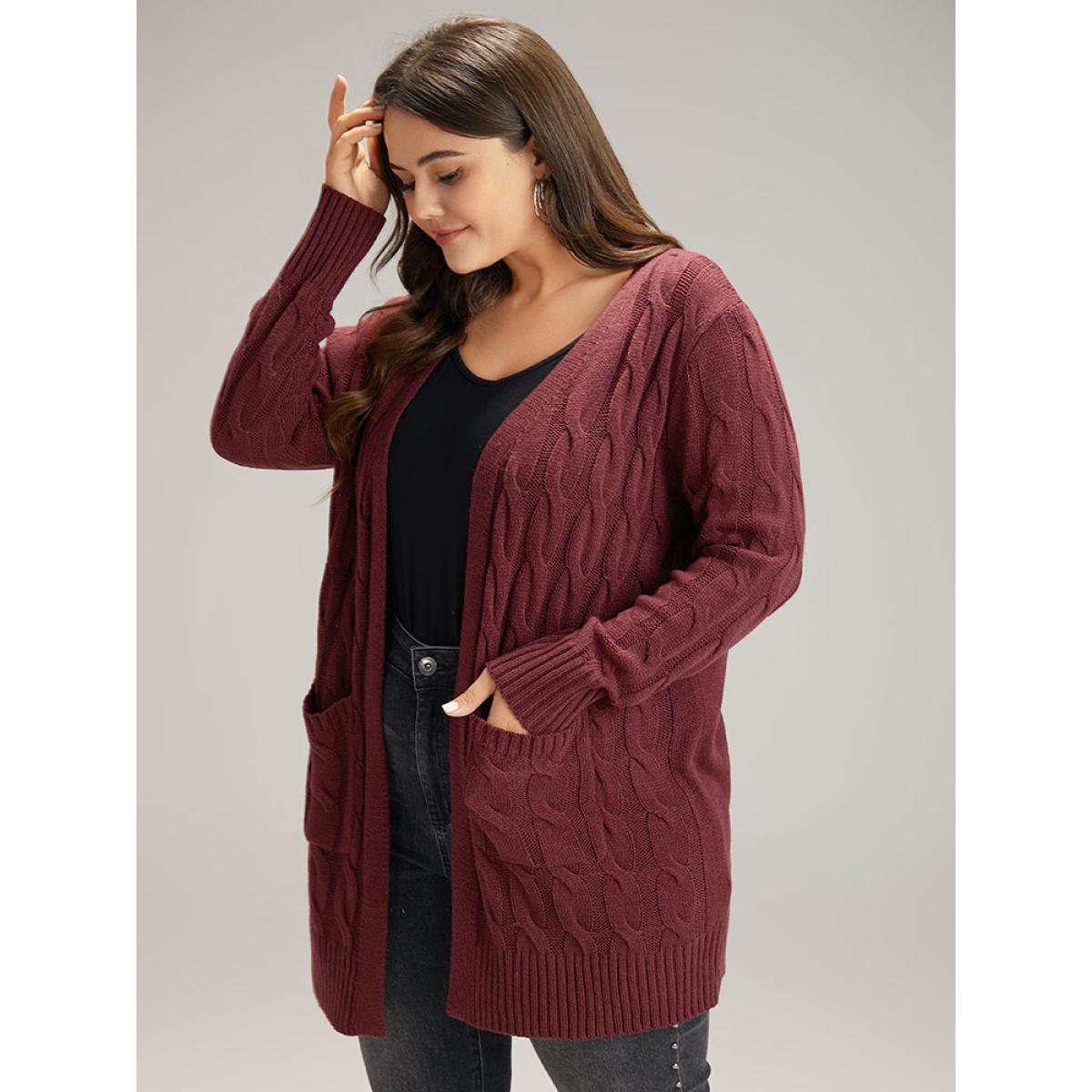 Plus Size Cable Knit Open Front Pocket Cardigan Scarlet Women Casual Loose Long Sleeve Everyday Cardigans BloomChic 10/M Product Image