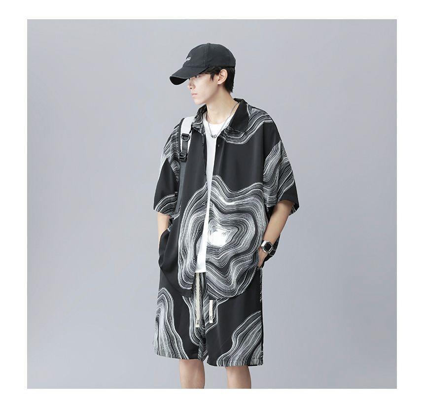Set: Short-Sleeve Collared Patterned Print Shirt + Drawstring Waist Shorts Product Image