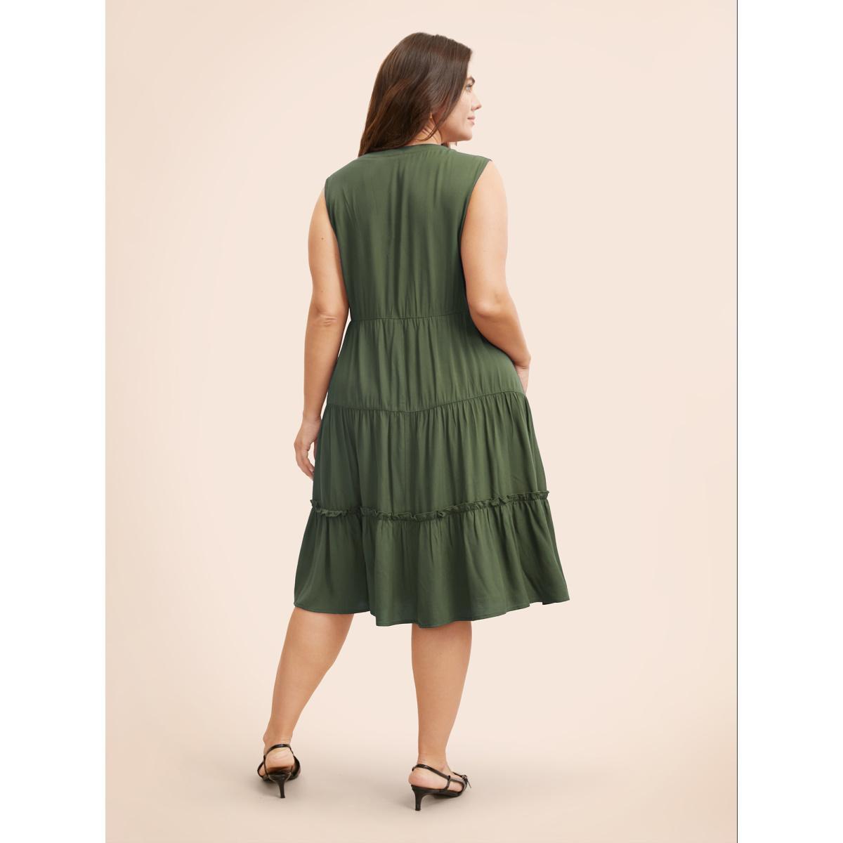 Plus Size Supersoft Essentials Notched Ruffle Layered Hem Sleeveless Dress ArmyGreen Women Elegant Gathered V-neck Sleeveless Curvy Midi Dress BloomChic 22-24/3X Product Image