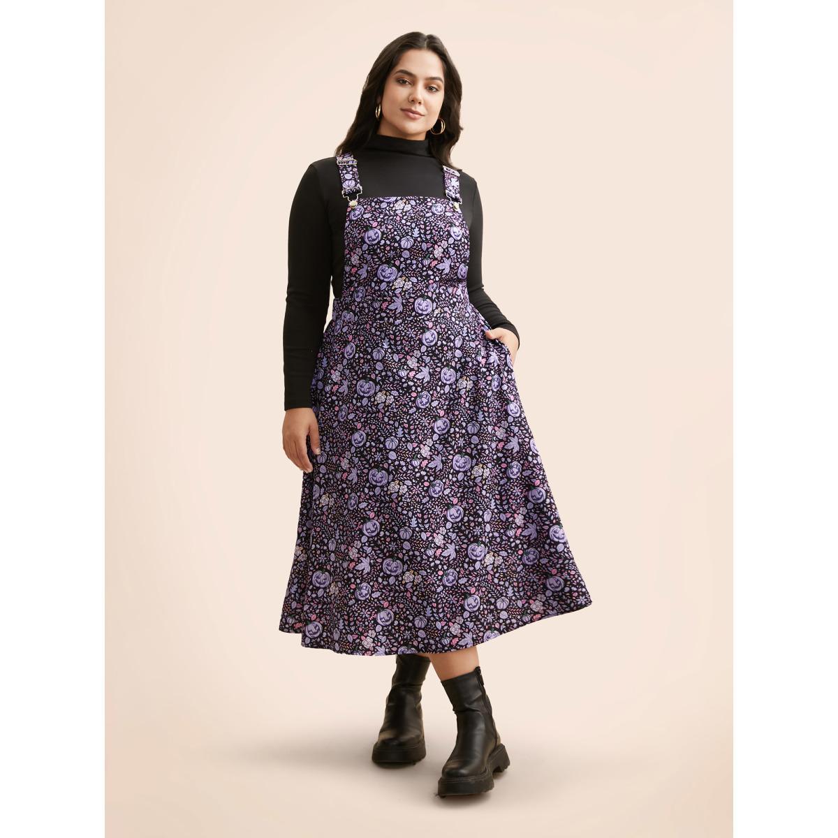 Plus Size Pumpkin Print Suspender Midi Dress BlueViolet Women Casual Non Party Curvy Bloomchic 10/M Product Image