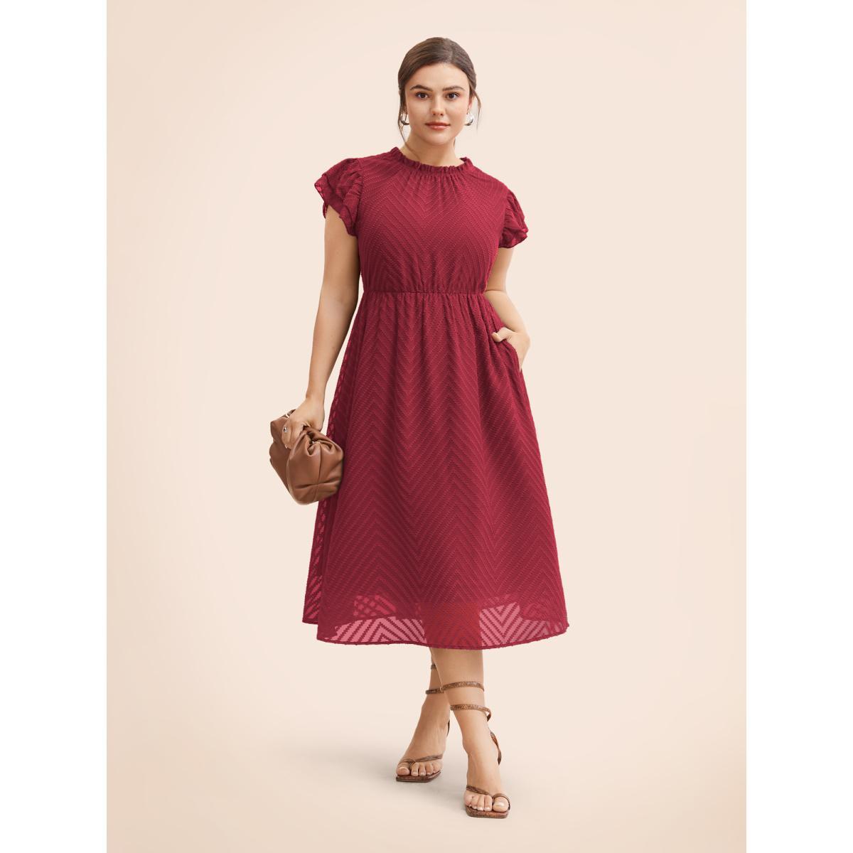 Plus Size Plain Geometric Layered Sleeve Pocket Ruffle Mock Neck Dress Rosered Women Office See through Round Neck Cap Sleeve Curvy Midi Dress BloomChic 14-16/1X Product Image