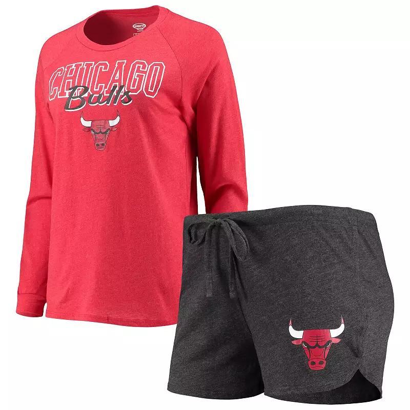 Women's Concepts Sport Heathered Black/Heathered Red Chicago Bulls Raglan Long Sleeve T-Shirt & Shorts Sleep Set, Size: Small, Charco Product Image