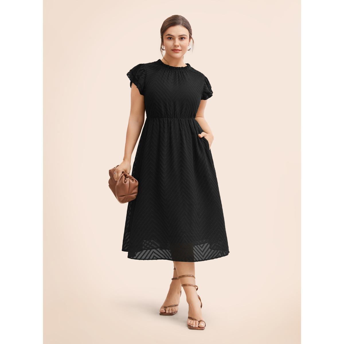 Plus Size Plain Geometric Layered Sleeve Pocket Ruffle Mock Neck Dress Pureblack Women Office See through Round Neck Cap Sleeve Curvy Midi Dress BloomChic 12/L Product Image