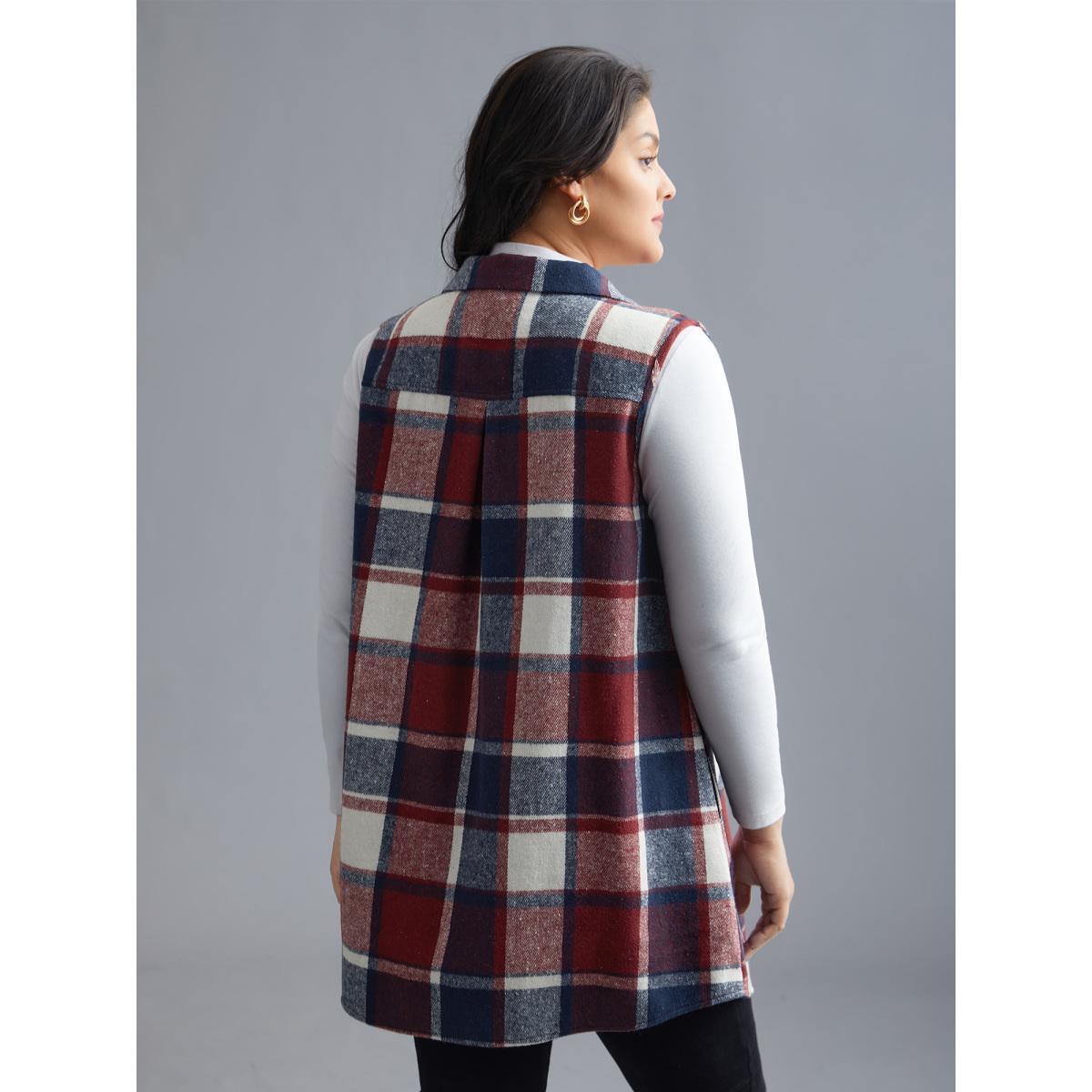 Plus Size Plaid Flap Detail Sleeveless Jacket Women Burgundy Button Side seam pocket Everyday Jackets BloomChic 10/M Product Image