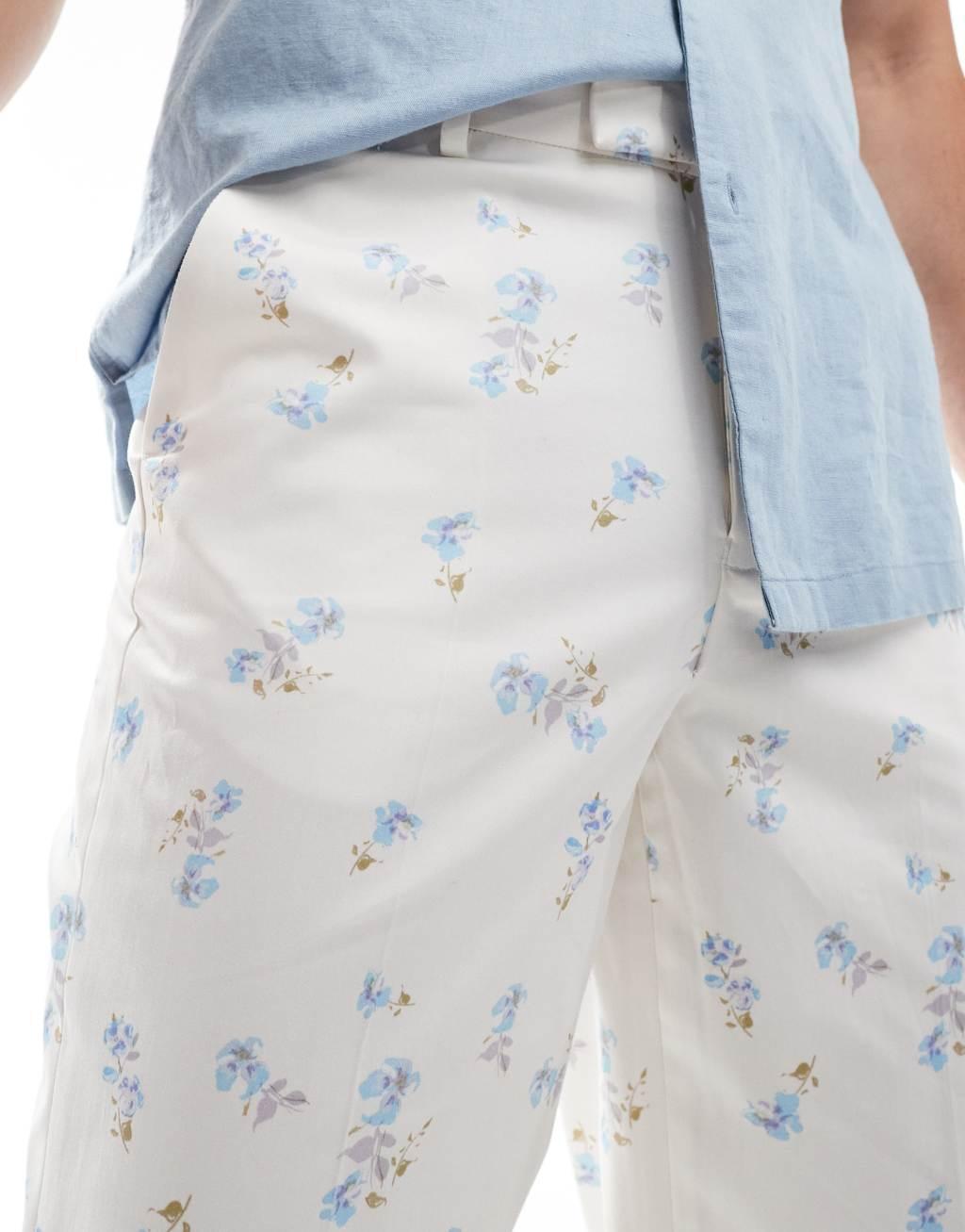 ASOS DESIGN smart straight fit pants in blue ditsy floral print Product Image
