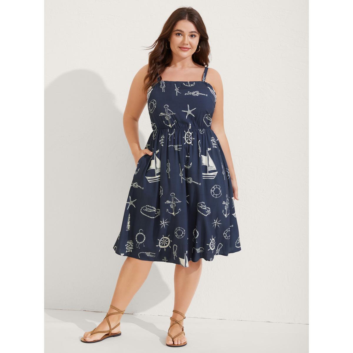 Plus Size Sea Elements Adjustable Strap Midi Dress DarkBlue Women Non Sleeveless Curvy BloomChic 28/5X Product Image