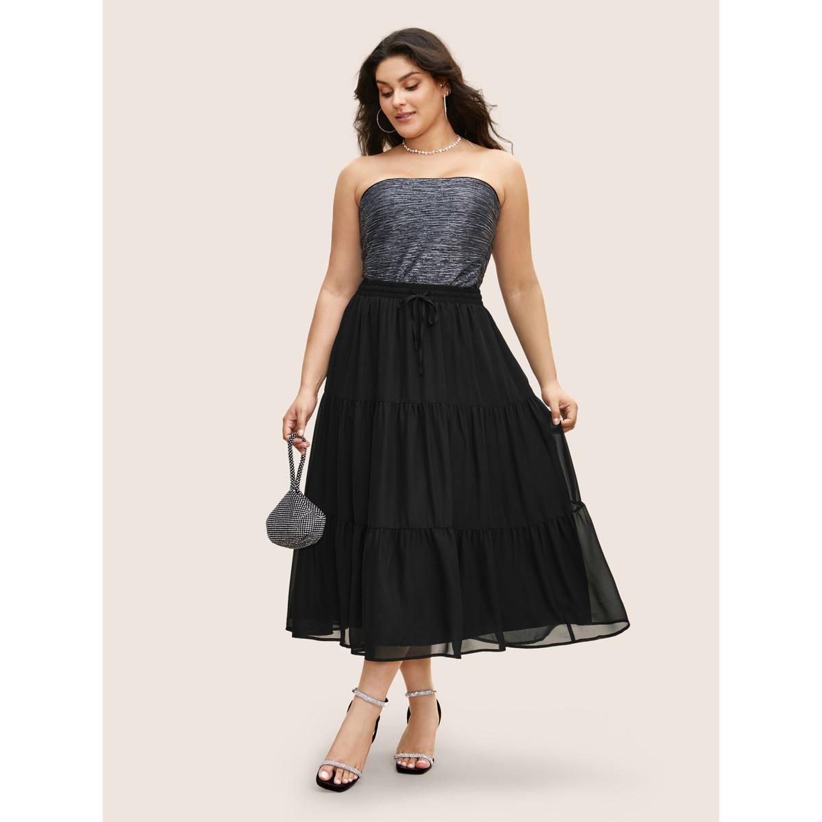 Plus Size Solid Tie Knot Elastic Waist Mesh Skirt Women Black Cocktail Tie knot No stretch Party Skirts BloomChic 28/5X Product Image