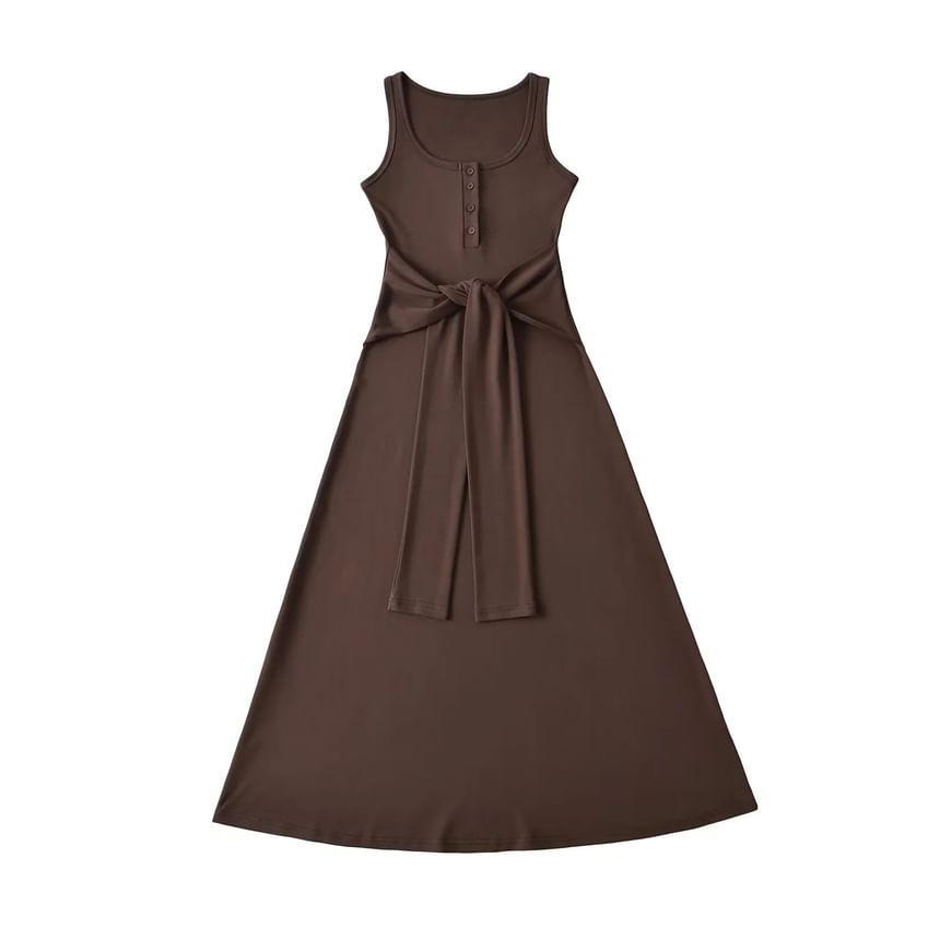 Sleeveless Scoop Neck Plain Tie Waist A-Line Maxi Dress Product Image