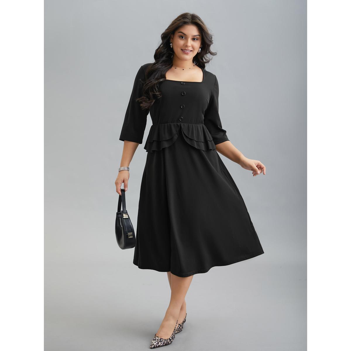 Plus Size Ruffle Trim Button Front Midi Dress Black Women At the Office Button Square Neck Elbow-length sleeve Curvy BloomChic 28/5X Product Image
