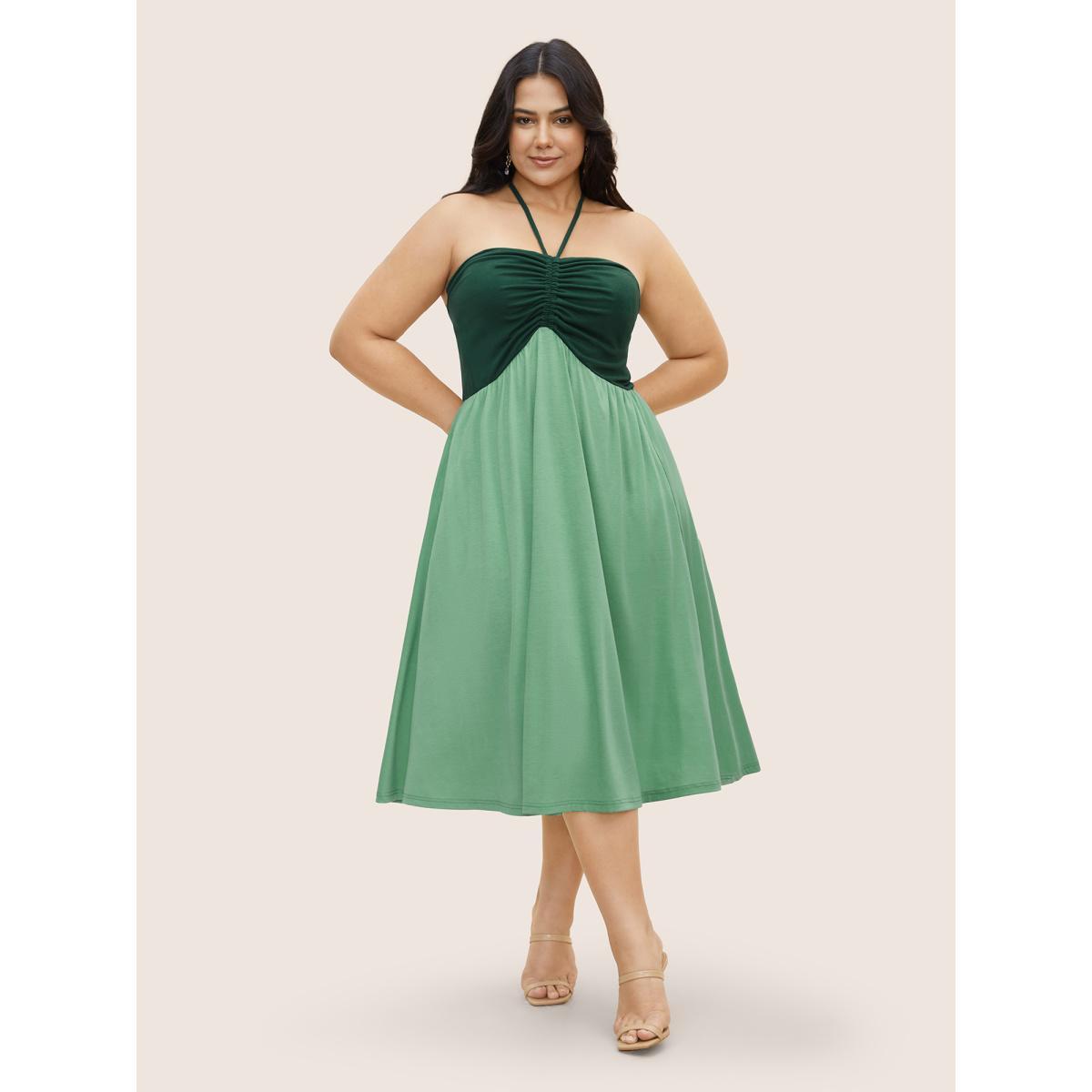 Plus Size Everywhere Dress - Two Tone Drawstring Dress Palemauve Women Elegant Patchwork Non Cap Sleeve Curvy BloomChic 12/L Product Image