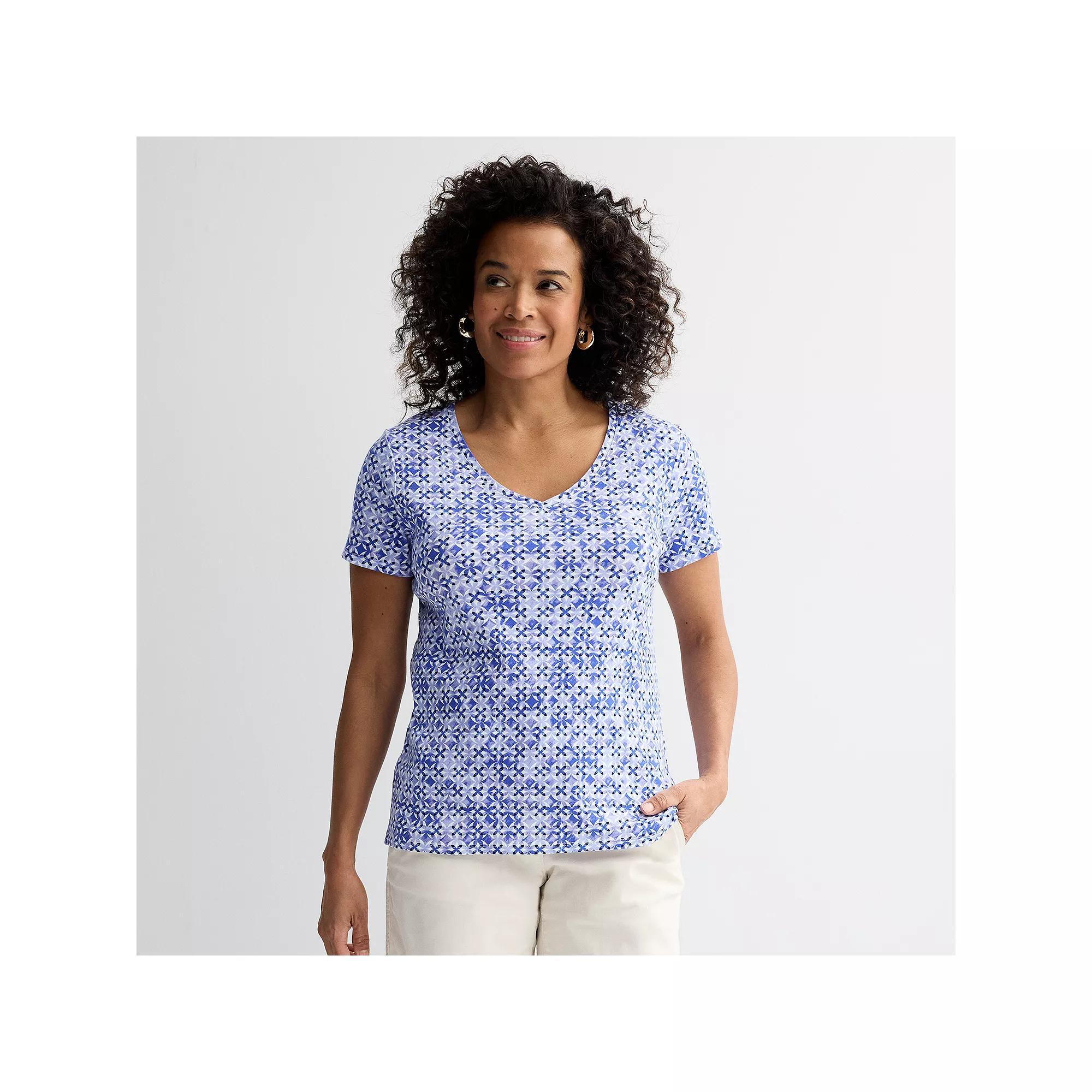 Women's Croft & Barrow® Essential V-Neck Tee, Size: Medium, Blue Tropical Palm Product Image