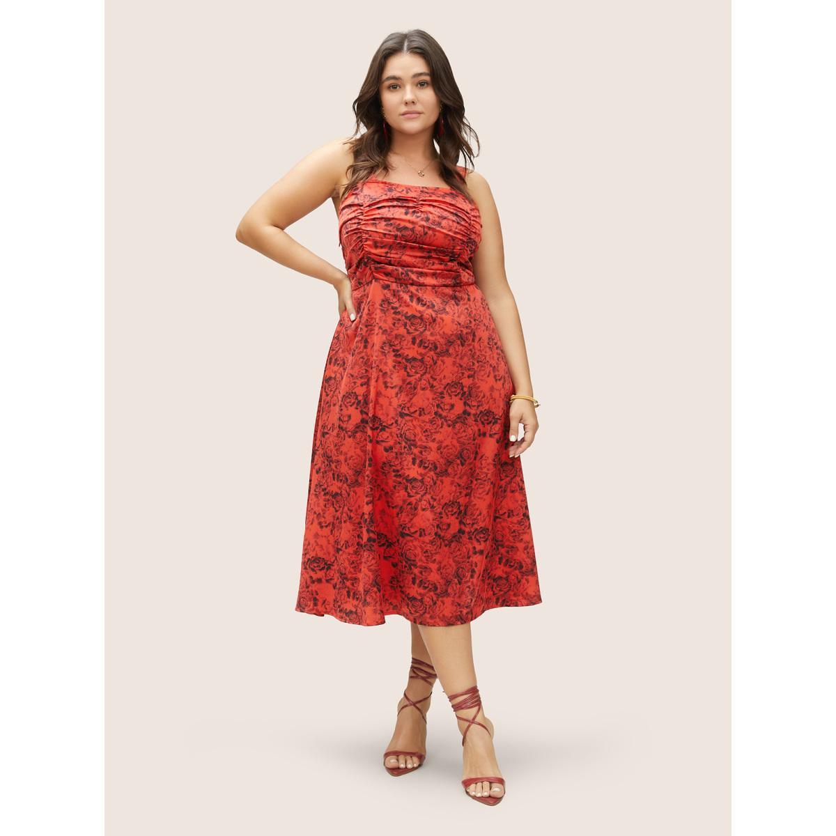 Plus Size Floral Print Ruched Detail Adjustable Straps Dress Raspberry Women Elegant Gathered Spaghetti Strap Sleeveless Curvy Midi Dress BloomChic 12/L Product Image