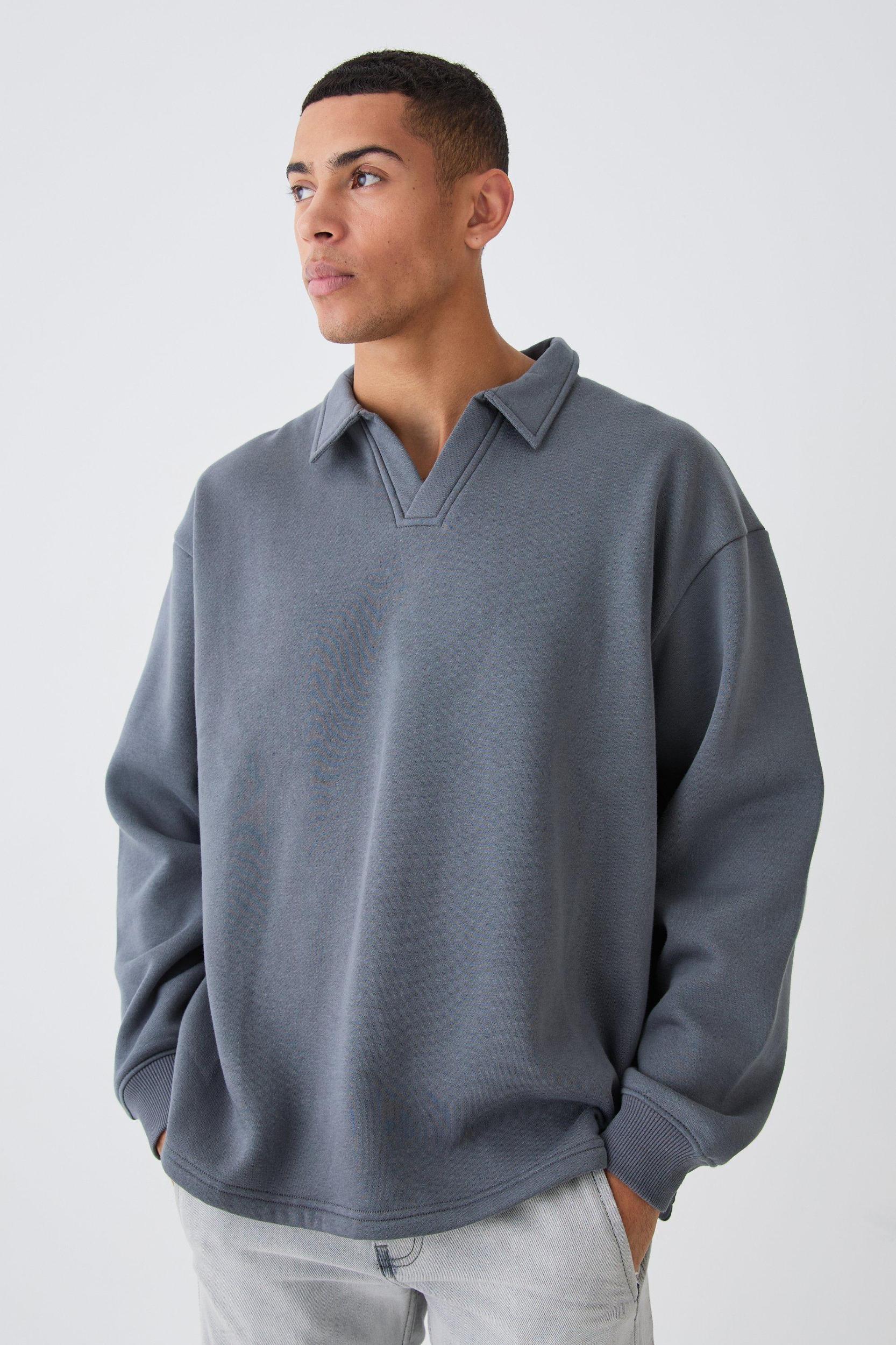 Oversized Revere Rugby Sweatshirt Polo | boohooMAN USA Product Image