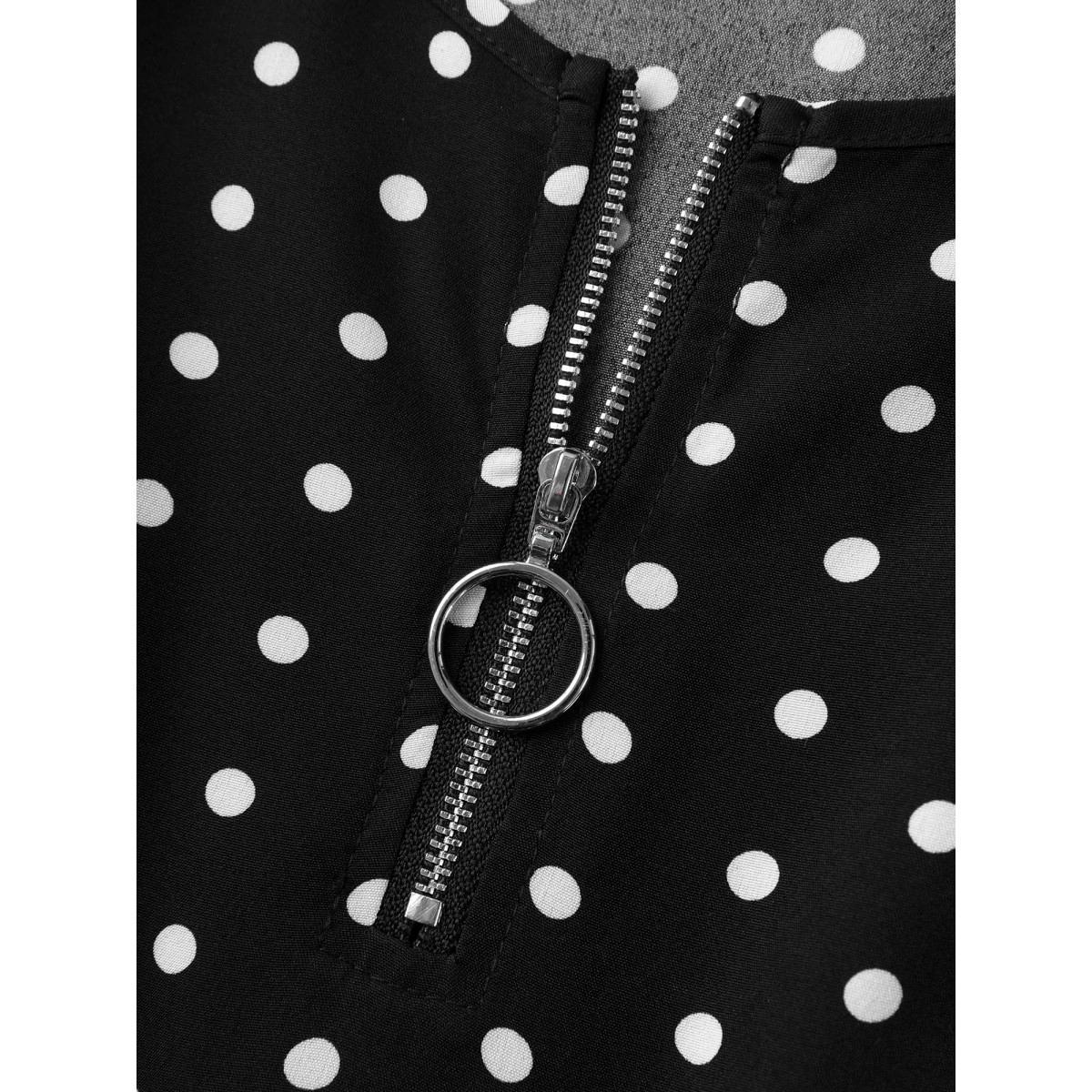 Plus Size Polka Dot Print Half Zipper Midi Dress BlackFlower Women Round Neck Short sleeve Curvy BloomChic 30/6X Product Image