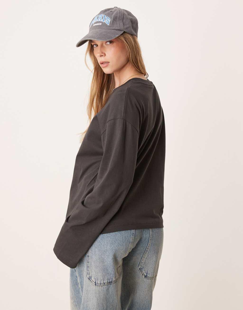 Gina Tricot long sleeve t-shirt in washed black Product Image