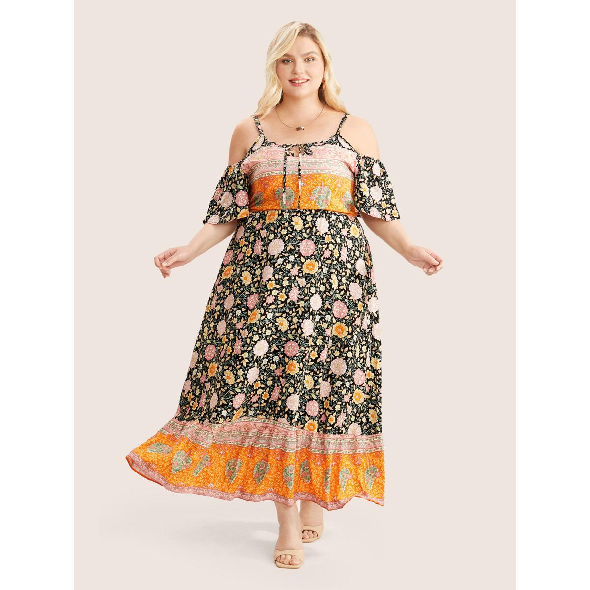 Plus Size Floral Print Pocket Keyhole Ruffles Cold Shoulder Maxi Dress Black Women Resort Non Non Half Sleeve Curvy Long Dress BloomChic 10/M Product Image