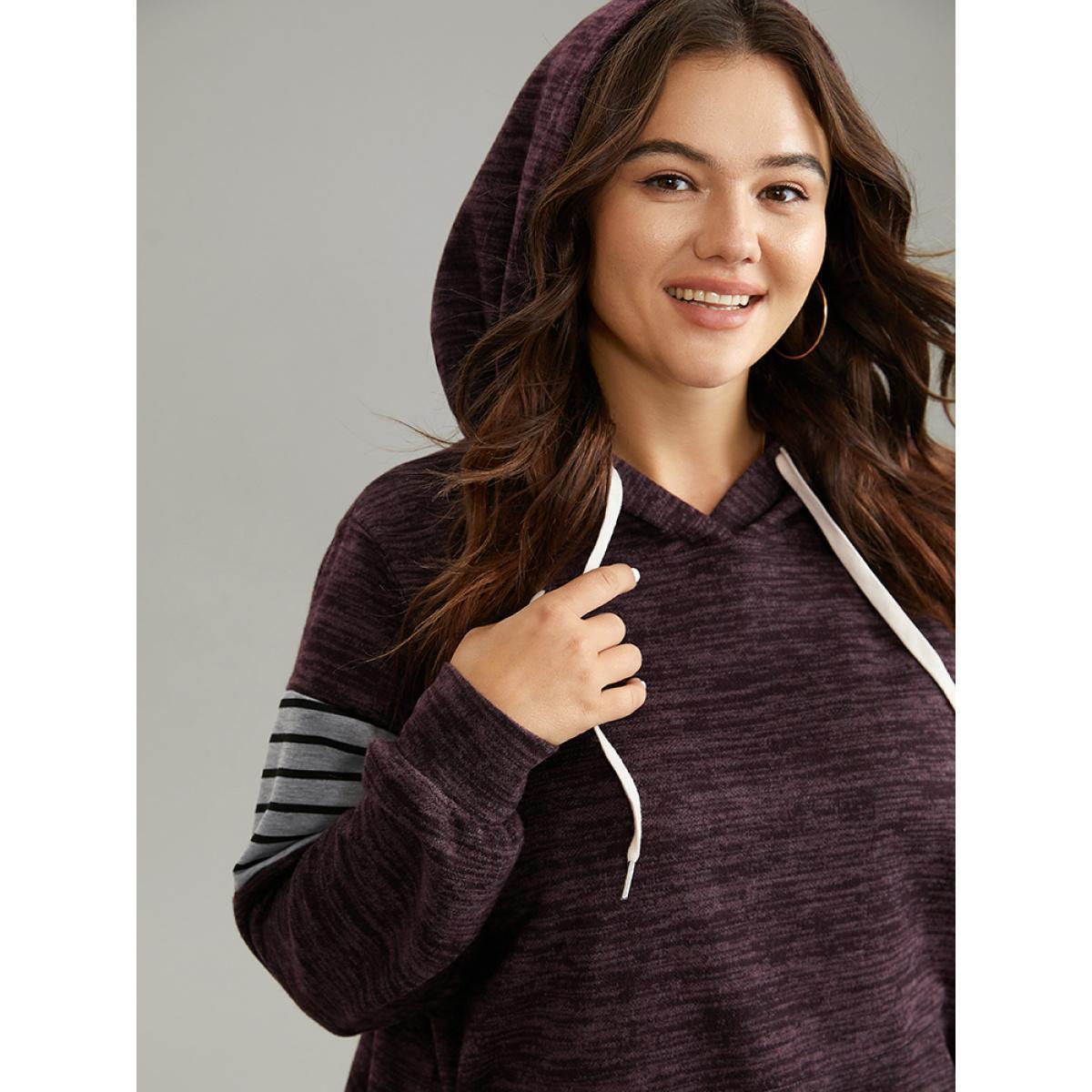 Plus Size Heather Striped Patchwork Pocket Hooded Sweatshirt Women Eggplant Casual Heather Hooded Dailywear Sweatshirts BloomChic 30/6X Product Image