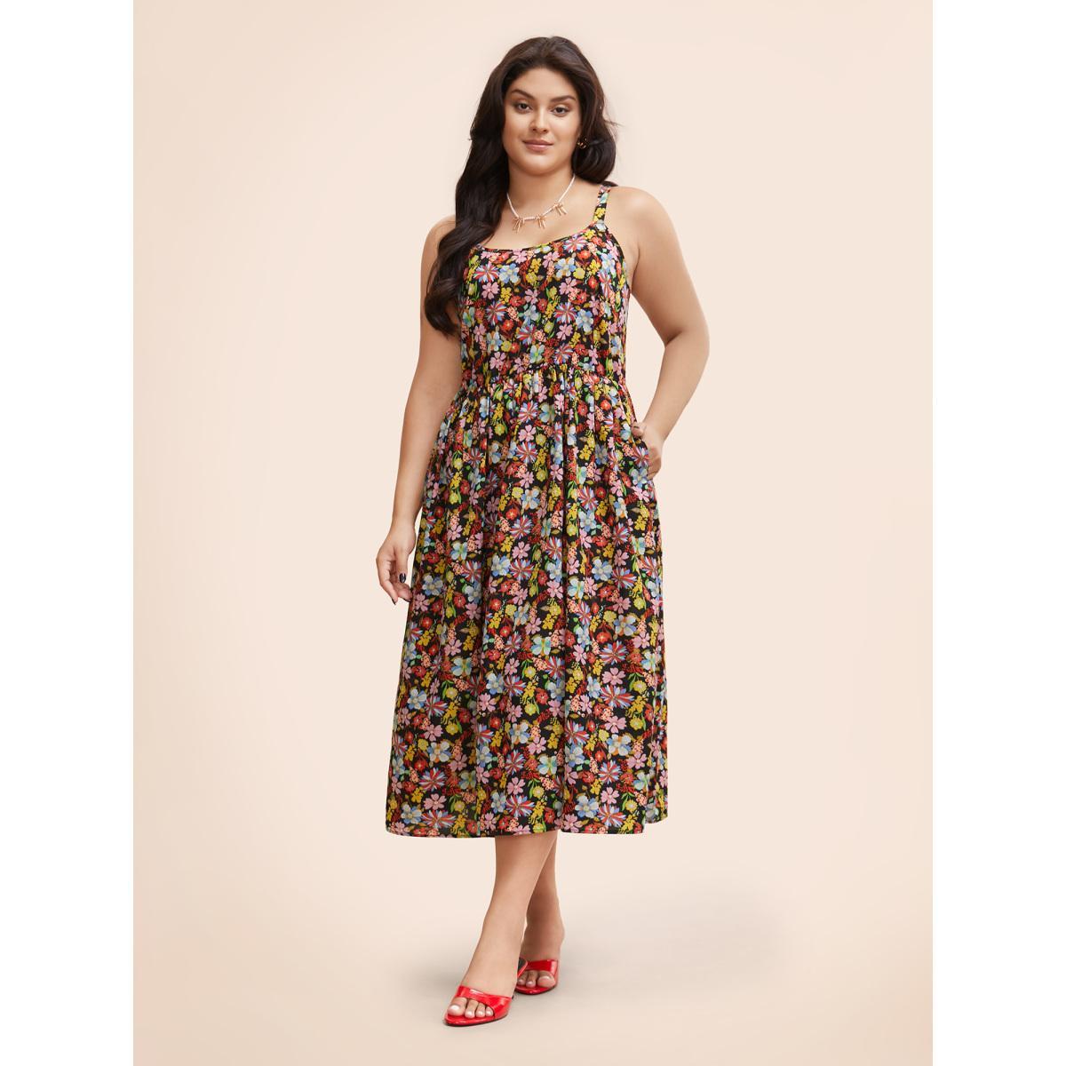 Plus Size Ditsy Floral Elastic Waist Cami Dress Multicolor Women Elegant Gathered Round Neck Sleeveless Curvy BloomChic 10/M Product Image