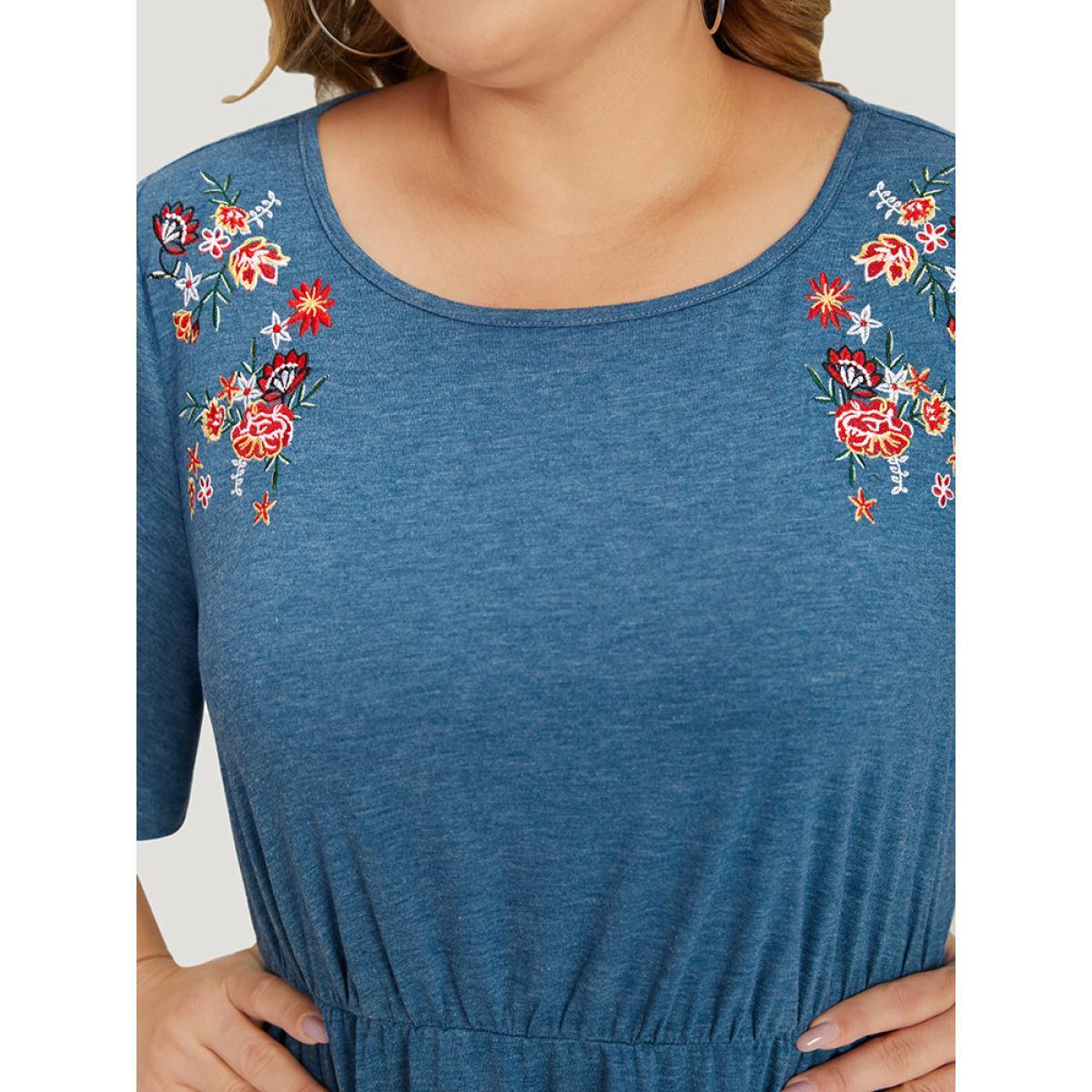Plus Size Supersoft Essentials Floral Embroidered Pocket Elastic Waist Dress Cerulean Women Casual Gathered Round Neck Short sleeve Curvy Midi Dress BloomChic 18-20/2X Product Image