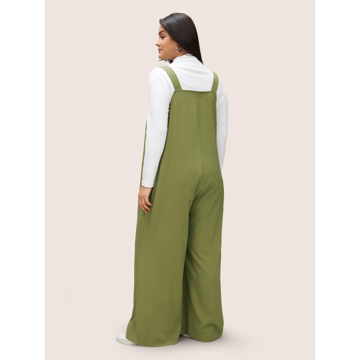 Plus Size ArmyGreen Solid Texture Button Up Crinkled Jumpsuit Women Casual Sleeveless V-neck Everyday Loose Jumpsuits BloomChic 22-24/3X Product Image