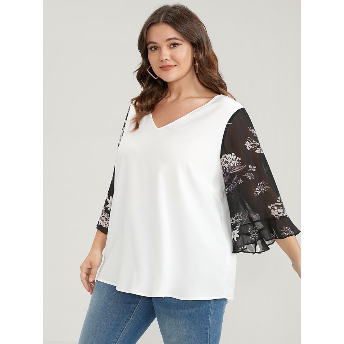 Plus Size White Solid Patchwork Floral Flounce Sleeve V Neck Blouse Women Elegant Elbow-length sleeve V-neck Dailywear Blouses BloomChic 26/4X Product Image