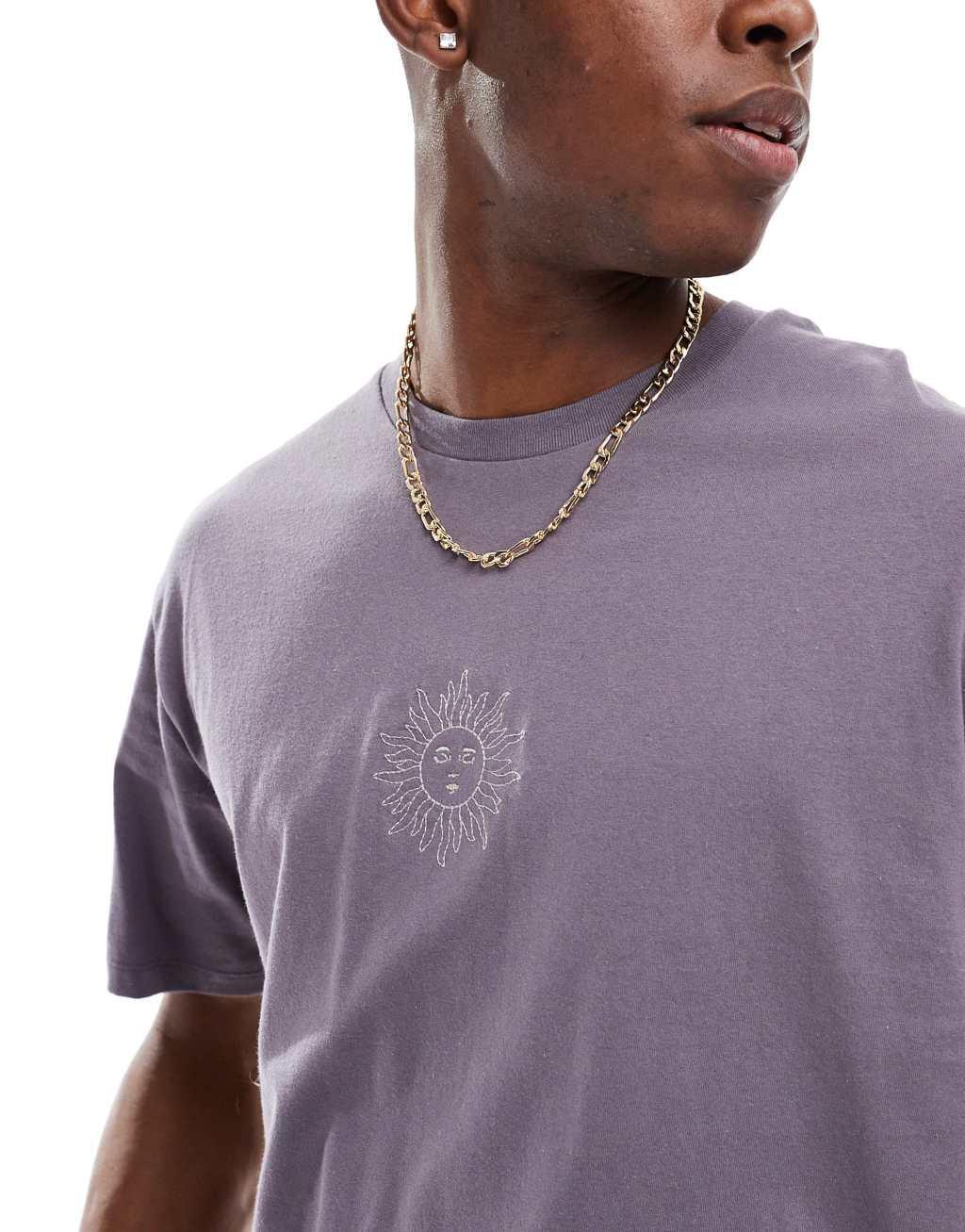 Jack & Jones oversized t-shirt with sun embroidery in purple Product Image