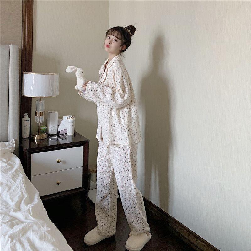 Pajama Set: Cherry Print Long-Sleeve Top + Pants Product Image