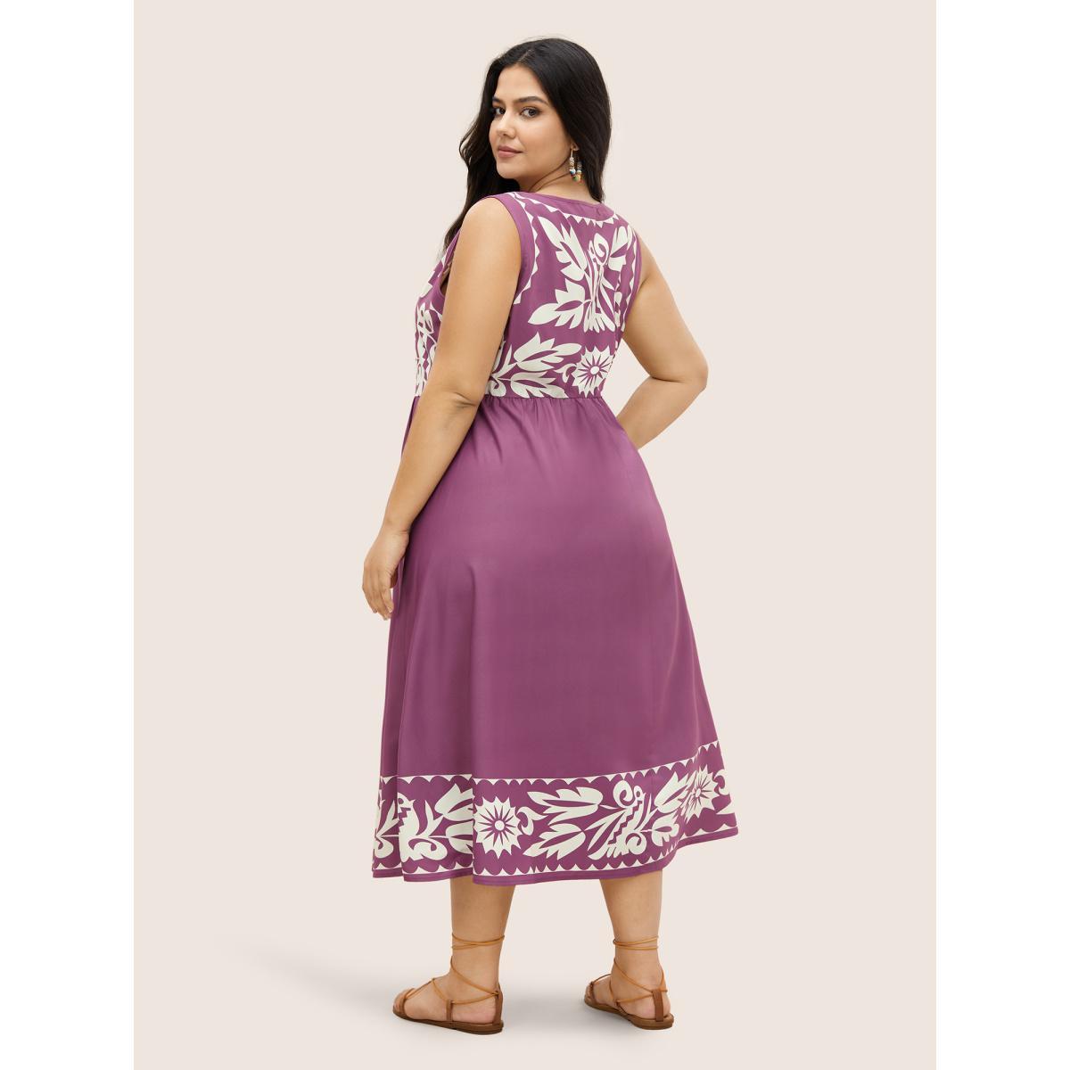 Plus Size Boho Print Square Neck Elastic Waist Tank Dress Purple Women Resort Gathered Round Neck Sleeveless Curvy Midi Dress BloomChic 12/L Product Image