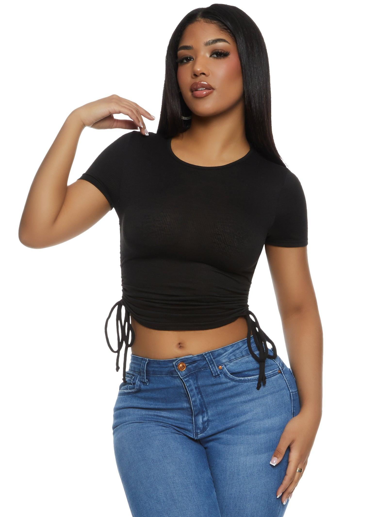 Womens Ribbed Crew Neck Ruched Side T Shirt Product Image