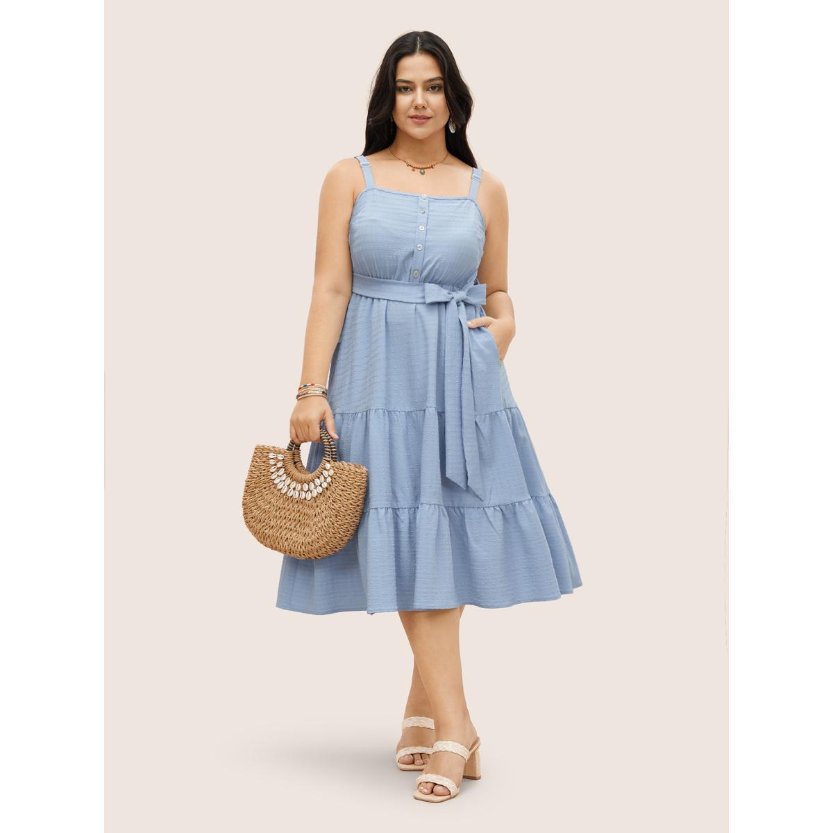Plus Size Plain Textured Ruffle Layered Hem Belted Dress LightBlue Women Resort Texture Non Sleeveless Curvy Midi Dress BloomChic 30/6X Product Image