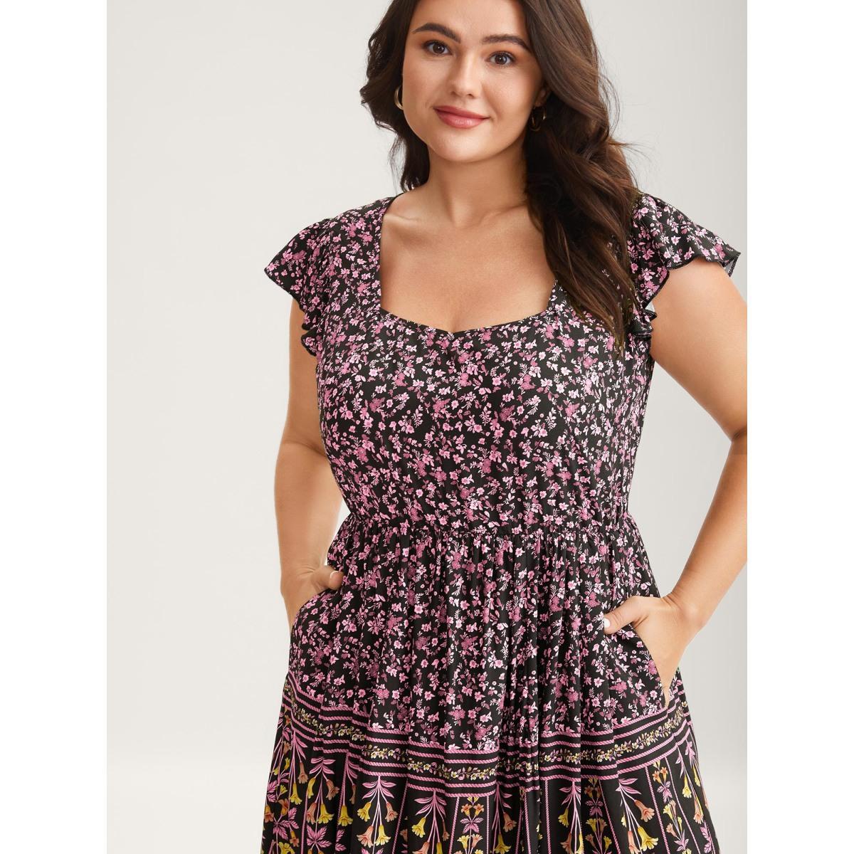Plus Size Rayon Garden Fresh Ruffled Sleeve Midi Dress Peach Women Heart neckline Cap Sleeve Curvy BloomChic 26/4X Product Image