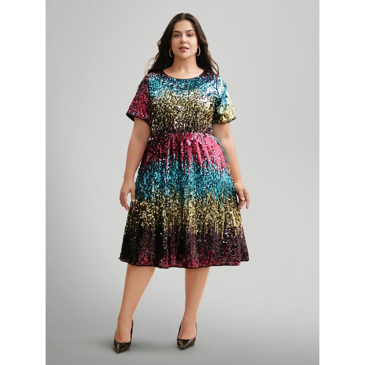 Plus Size Round Neck Ombre Sequin Dress Multicolor Women Cocktail Texture Party Curvy Bloomchic 18-20/2X Product Image