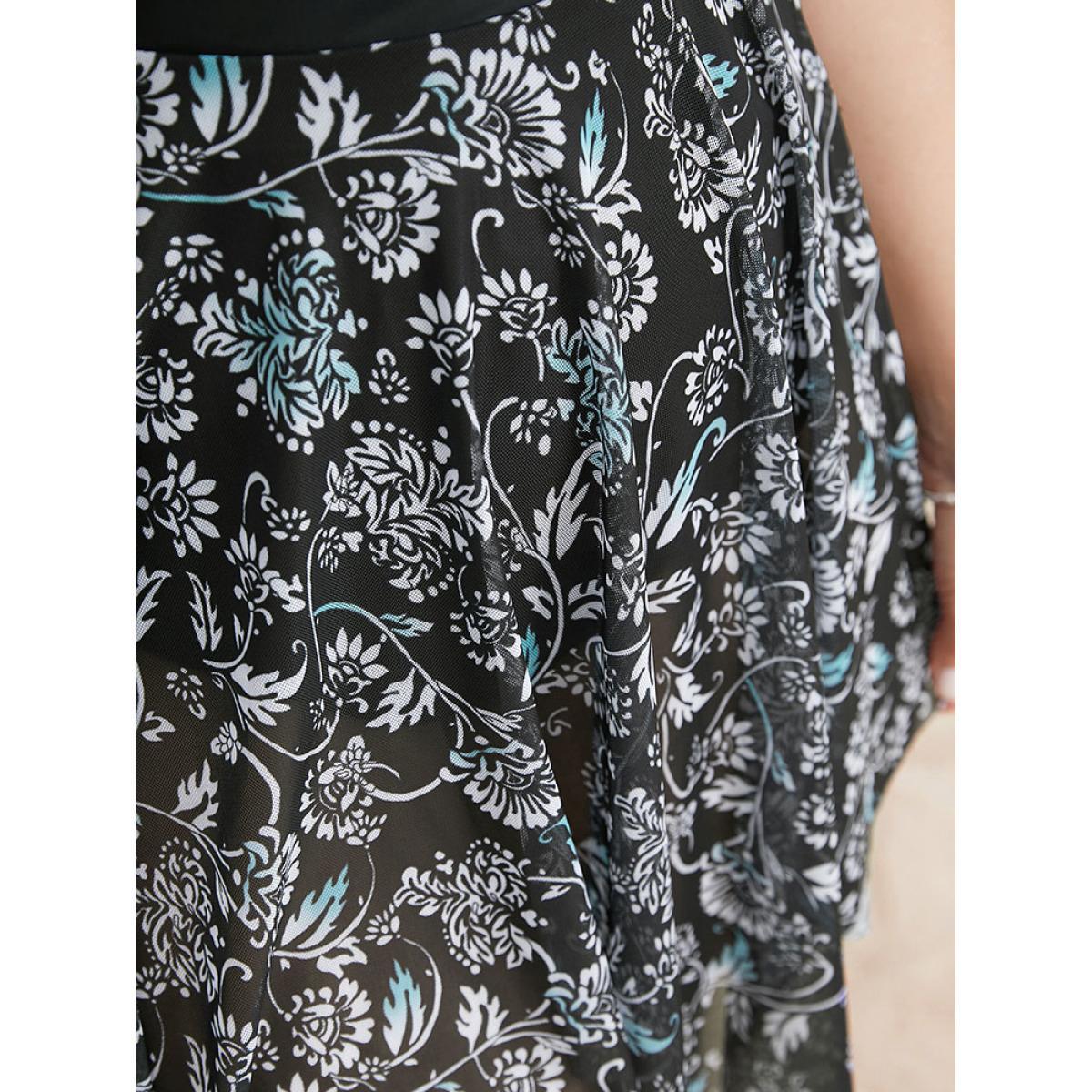 Plus Size Ruffle Trim Hanky Hem Floral Contrast Swim Dress Women's Swimwear BlackFlower Vacation Bodycon V-neck High stretch Curve Swim Dresses BloomChic 10/M Product Image