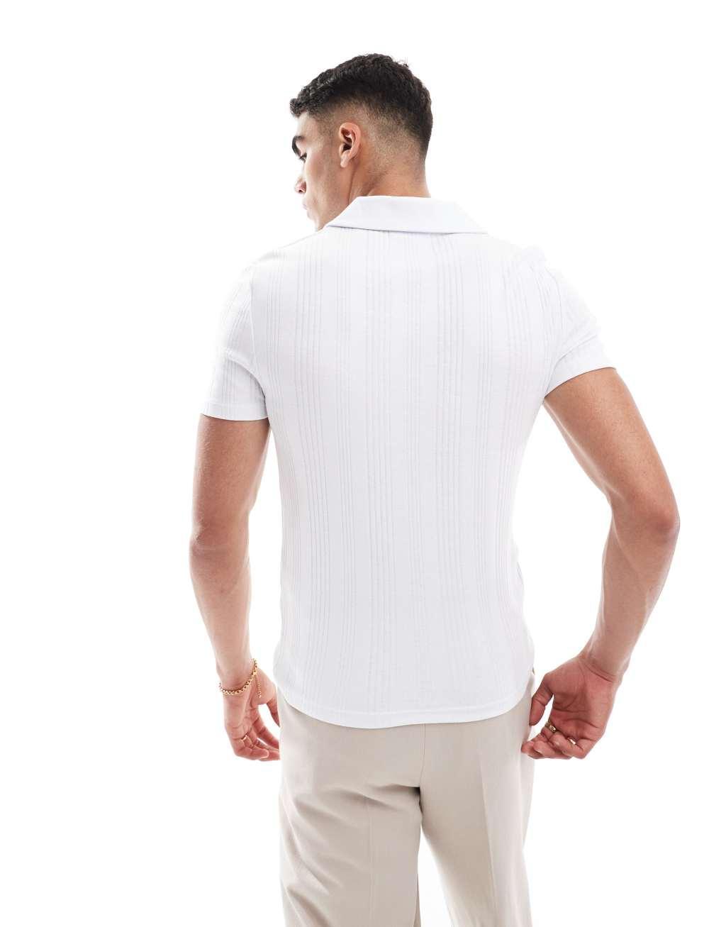 ASOS DESIGN muscle fit ribbed polo shirt in white Product Image