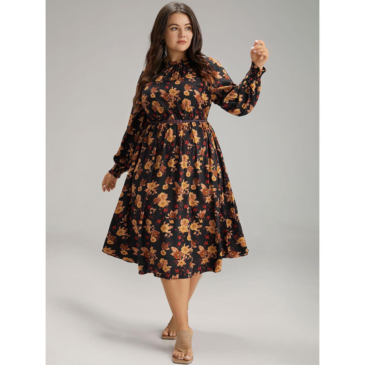 Plus Size Supersoft Essentials Floral Print Mock Neck Dress Black Women Elegant Printed Mock Neck Long Sleeve Curvy Midi Dress BloomChic 30/6X Product Image