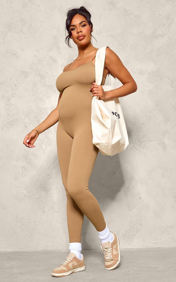 Maternity Brown Strappy Snatched Ribbed Jumpsuit Product Image