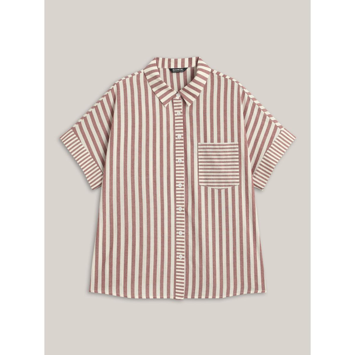 Plus Size Russet Cotton Striped Dolman Sleeve Blouse Women Short sleeve Shirt collar Work Blouses BloomChic 14-16/1X Product Image