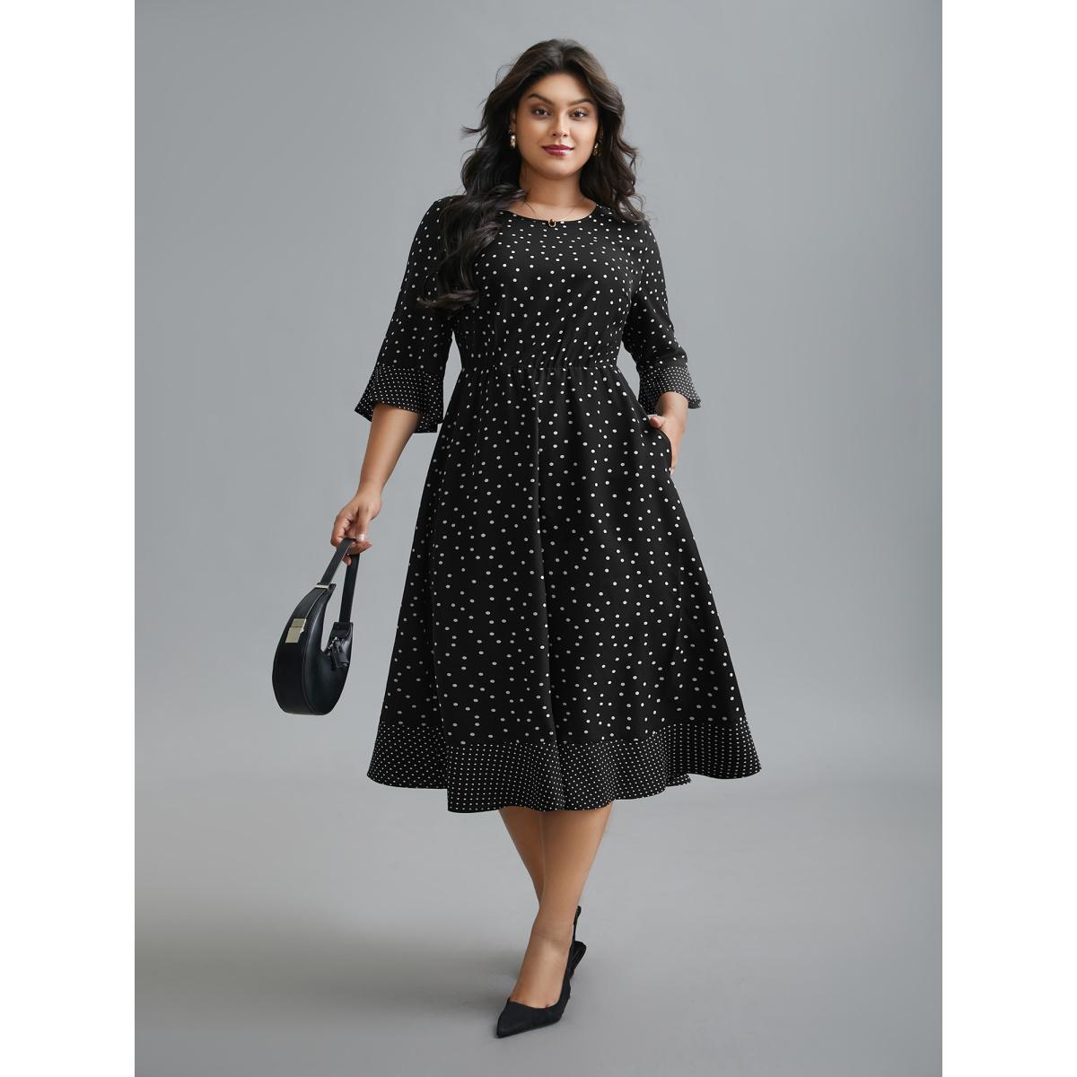 Plus Size Crew Neck Polka Dot Waist Cinched Dress Black Women At the Office Patchwork Round Neck Elbow-length sleeve Curvy BloomChic 14-16/1X Product Image