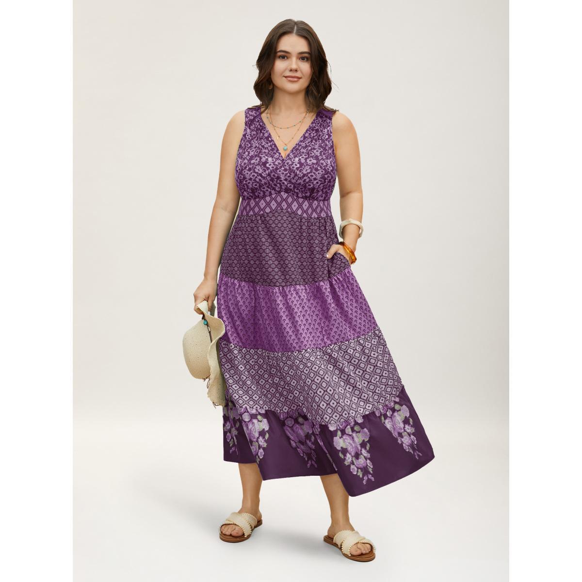 Plus Size Bandana Patchwork Floral Sleeveless Dress Mauve Women Resort Pleated V-neck Sleeveless Curvy BloomChic 12/L Product Image