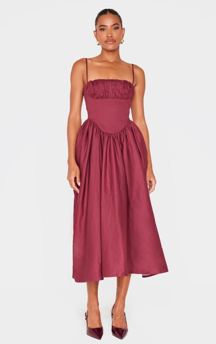 Burgundy Ruched Bust Corset Strappy Midaxi Dress Product Image